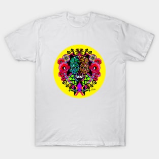 yellow skull in tree of life ecopop in zentangle totonac pattern art T-Shirt